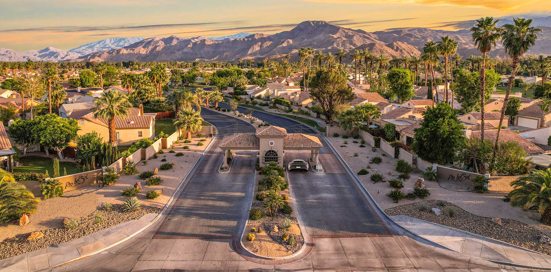 Aerial view of entrance to Rio del Sol new home community.